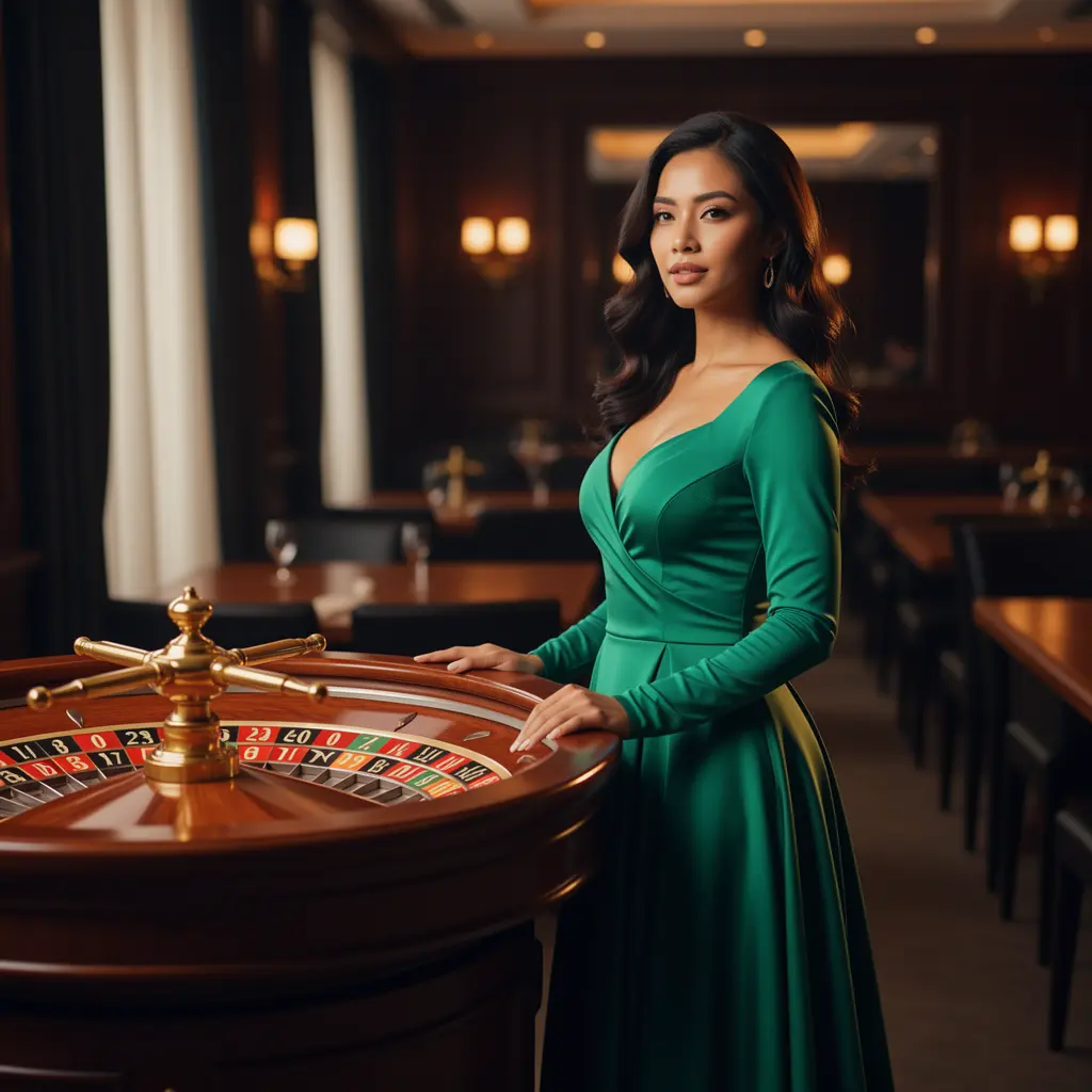 VCity44 – Experience the elegance of live casino gaming in Malaysia Elegant Malaysian woman in a luxurious green evening dress standing by a glowing roulette wheel inside the premium VCity44 casino atmosphere