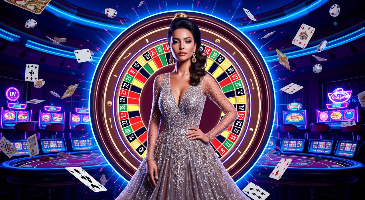 VCity44 – Start your winning journey with top casino games in Malaysia Confident casino hostess surrounded by spinning chips and a glowing roulette wheel creating a thrilling gaming mood at VCity44 online casino Malaysia