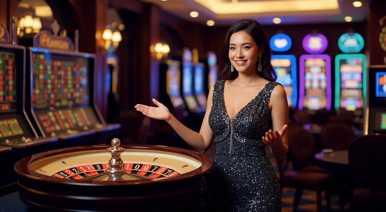 Professional female casino dealer in a glamorous black dress presenting a roulette table in a luxury casino setting at VCity44 for players in Malaysia